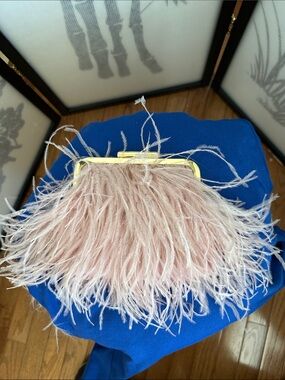BCBGMaxAzria Pink Feather Frame Clutch with Gold Trim